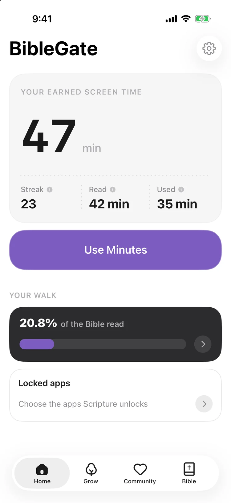 BibleGate Home showing 47 minutes of earned screen time, a 23-day streak, and 20.8% of the Bible read